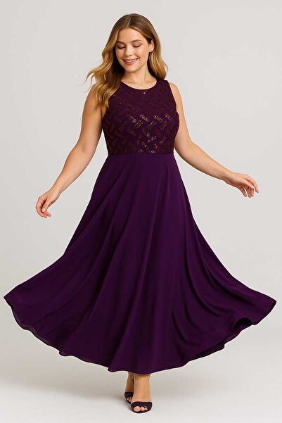 Şans Kadın Büyük Beden Mürdüm, Payet Detaylı Elbise 65N37955