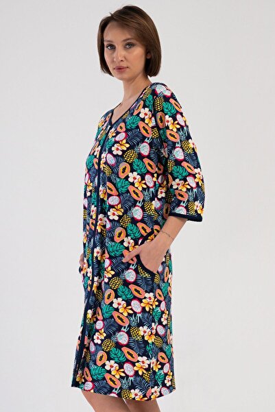 VİENETTA Women's Plus Size Capri Sleeve V-Neck Zipper Patterned Navy Blue Home Dress C3T0N3804