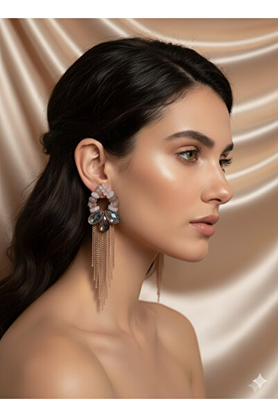 MD Moda Accessories Pembe ve Şampanya Tonlarında Damla Taşlı Zincir Püsküllü ...