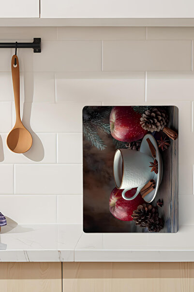 kutuTR Winter Warmth Themed Tempered Glass Cutting Board with Apple and Cinna...