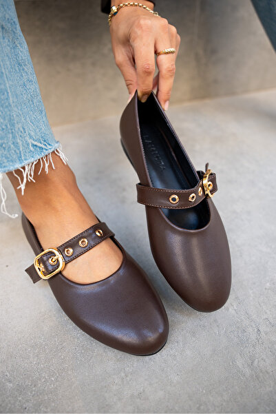 LAMİNTA Victor Bitter Brown Leather Gold Buckle Women's Ballerinas