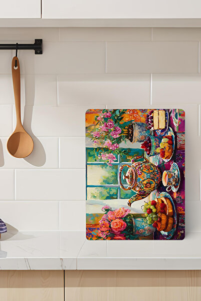 kutuTR Colorful Tea Time Themed Tempered Glass Cutting Board 21X30 cm Uv Prin...