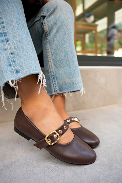 LAMİNTA Victor Bitter Brown Leather Gold Buckle Women's Ballerinas