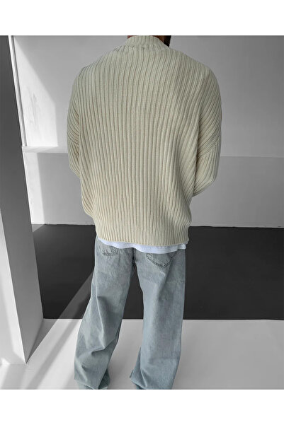 NO1 KONSEPT Πλεκτό πουλόβερ με λαιμόκοψη σε μπεζ χρώμα κοτλέ