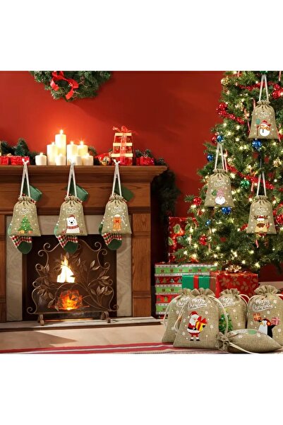 arredamento Yılbaşı Noel Temalı 3’lü Jüt Hasır Çuval Kese Hediyelik