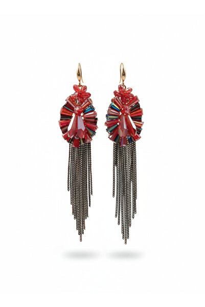 MD Moda Accessories Kırmızı Kristal Taşlı Renkli Detaylı Zincir Püsküllü Kristal Küpe