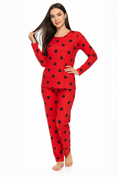 Bravie guler rotund Set pijama din piele intoarsa rosie 6010 cu inima neagra