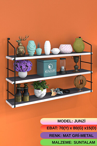 Kenzlife kitaplık junzi mat gri suntalam 070(Y)*80(G)*15(D)3 KATLI mutfak ban...
