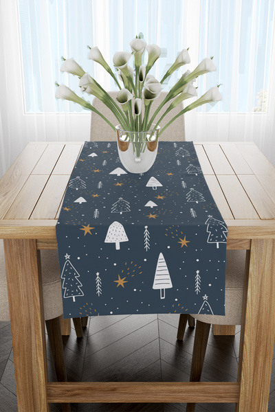 EsnafAli Runner de Crăciun cu model de copac de pin și stele albastru marin 4...