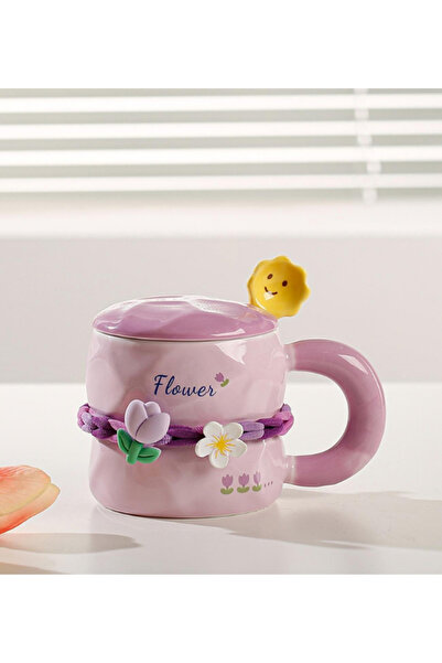 Dörtel Tedarik Tatlı Çiçekli Kahve Fincanı 380 ml Kapaklı ve Kaşıklı Seramik Kupa