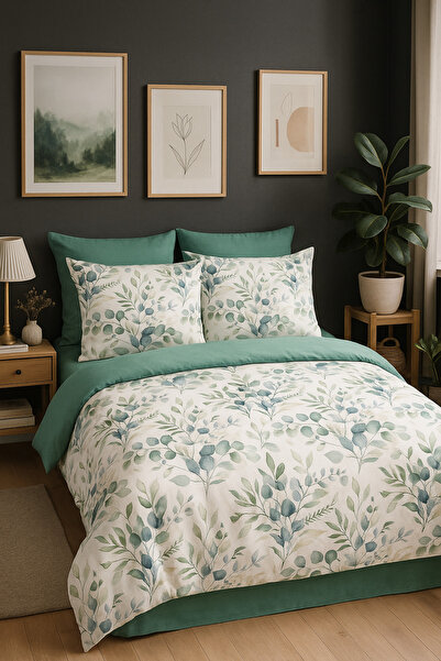 MyStory Home Set cuvertură de pat dublă cu cearșaf elastic Eucalipt verde deschis