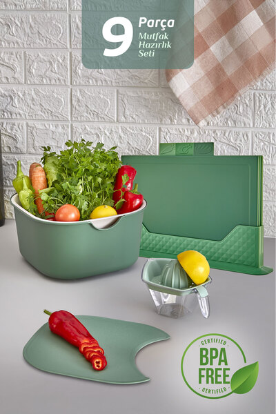 MOİ 9-Piece Kitchen Prep Set - Cutting Board with Horizontal Stand, Mixing Bowl, Strainer, Lemon Squeezer