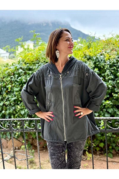 Punta Otantik Yg11344 Hooded Lace Italian Sequined Jacket Smoked