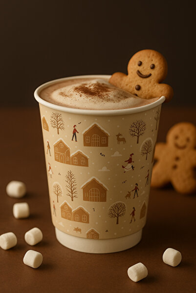 dandeliondesign Kış Temalı Kurabiye Desenli Karton Bardak 14 oz Sıcak İçecek , Çift Katlı, Dayanıklı Bardak 5 Adet