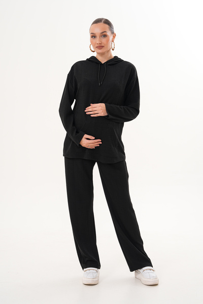 Miss Dünya Lissa Sofia Comfortable Form Knitwear Textured Hooded Maternity and Postpartum Tracksuit Set