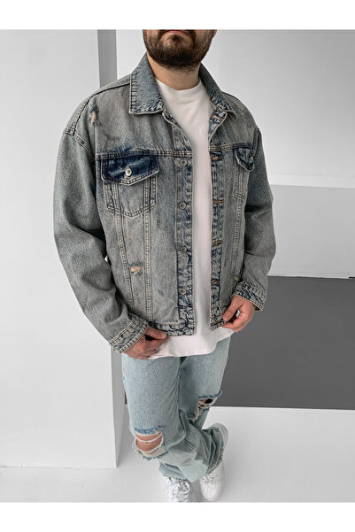 NO1 KONSEPT Jachetă de blugi supradimensionat cu detaliu rupt albastru