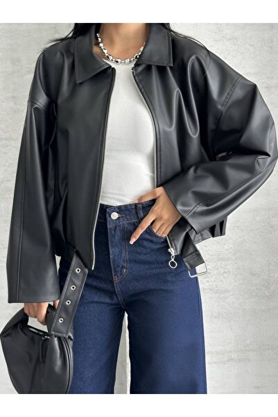 moda çağdaş Kemer Detaylı Oversize Deri Ceket