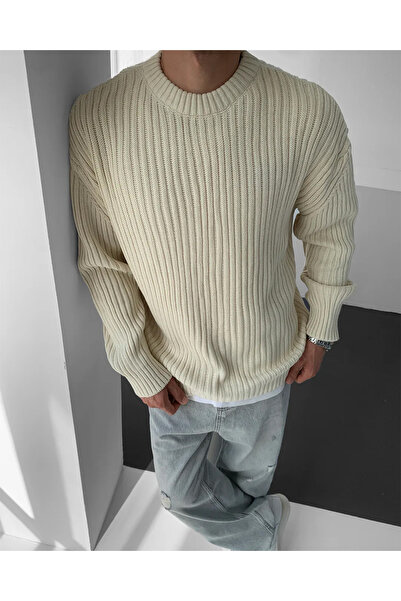 NO1 KONSEPT Πλεκτό πουλόβερ με λαιμόκοψη σε μπεζ χρώμα κοτλέ