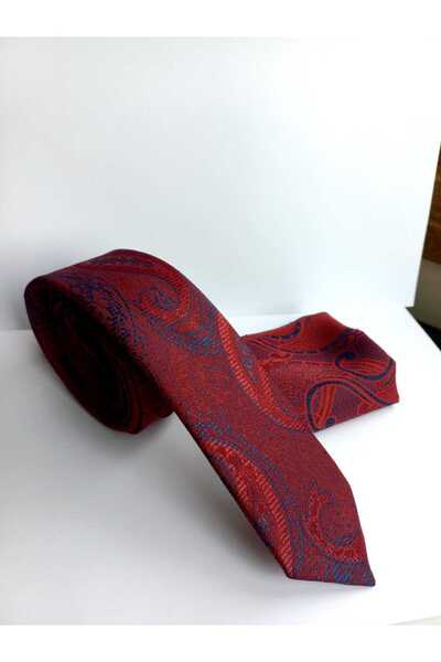 Kravatistan Burgundy Paisley Patterned 5.5cm Thin/Slim Tie Handkerchief Set