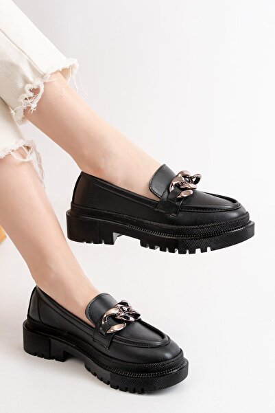 asmi shoes Γυναικεία παπούτσια Somo Black Skin με χοντρή πόρπη Loafer Μαύρα