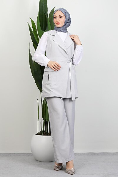 GİYZAMİLA Single Pocket Double-Breasted Collar Suit Light Gray