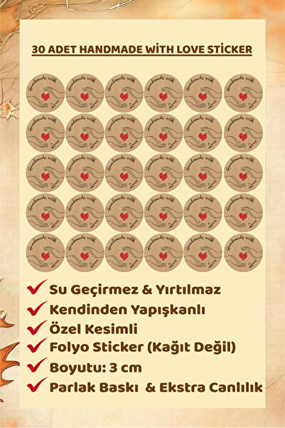 Ayza Tasarım 3 cm Kraft Görünümlü Handmade with Love Sticker | | El Yapımı Ür...