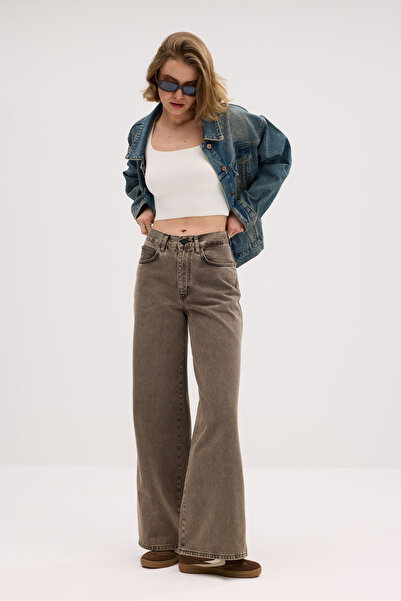 MINCHETTO Wide Leg Kadın Kahverengi Rigid Yüksek Bel 5 Cep Denim Jean Kot Pan...
