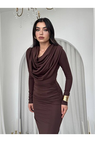 mafdress Γυναικείο μακρύ φόρεμα με λεπτομέρεια από καφέ ύφασμα Sandy