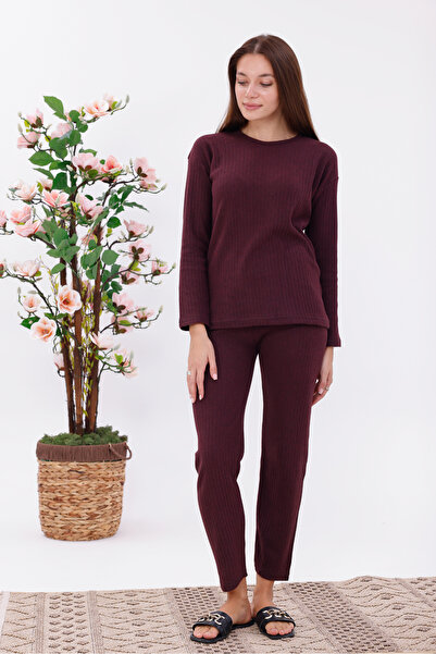 Yulem Homewear Claret Red Interlock K Ribbed Knit F Corded Fabric Fabric Long Sleeve Pajama Set
