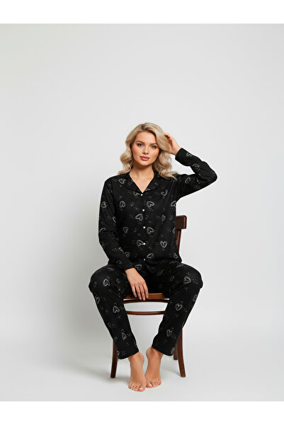 Bravie Suede Shirt Pajama Set 7002 Heart Patterned