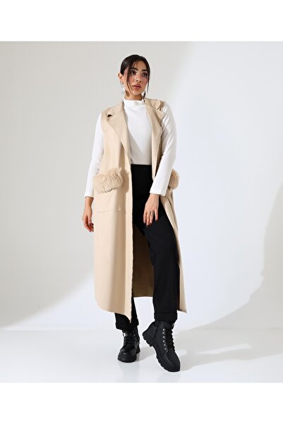Fi'l Arz Fashion Women's Fur Detail Double Pocket Long Vest