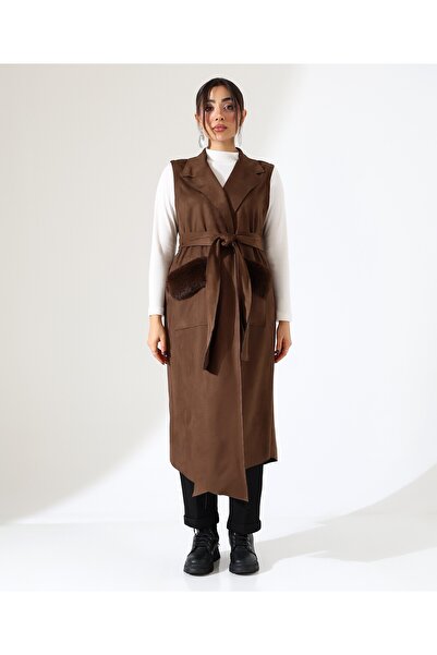 Fi'l Arz Fashion Women's Fur Detail Double Pocket Long Vest