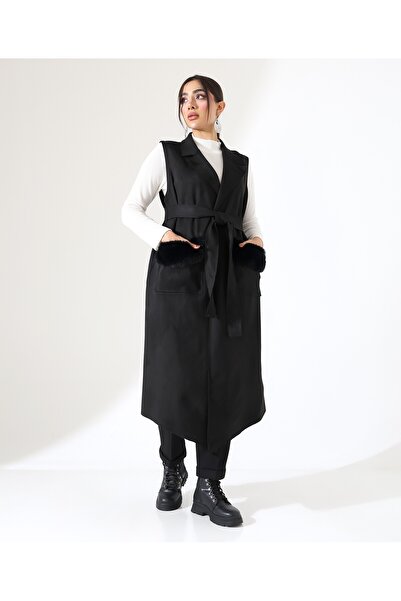 Fi'l Arz Fashion Women's Fur Detail Double Pocket Long Vest