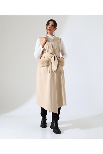 Fi'l Arz Fashion Women's Fur Detail Double Pocket Long Vest