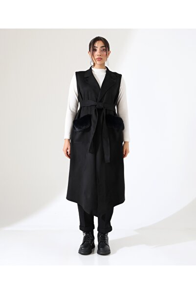 Fi'l Arz Fashion Women's Fur Detail Double Pocket Long Vest