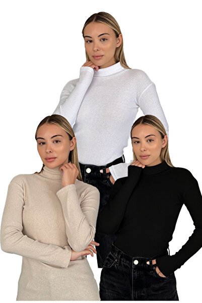 RDK Giyim Σετ 3 τεμαχίων πουλόβερ με ζιβάγκο από βαμβάκι Unisex - Λευκό Μπεζ ...