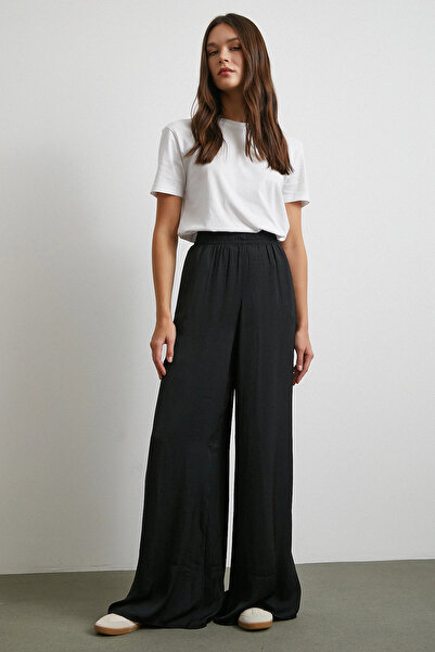 Never more Elastic Waist Draped Wide Leg Trousers Black
