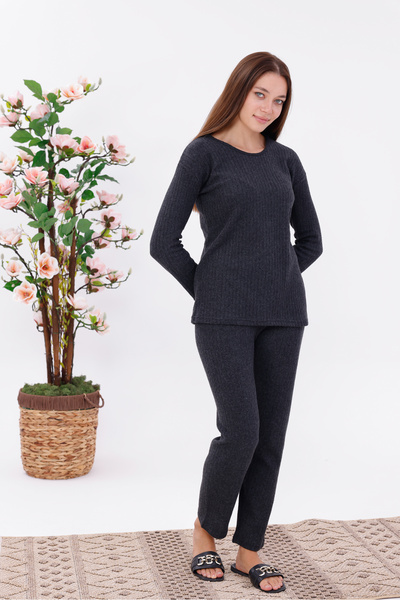 Yulem Homewear Σετ πιτζάμες με μακρυμάνικο ύφασμα Anthracite Interlock K πλέξη ριμπ F κοτλέ