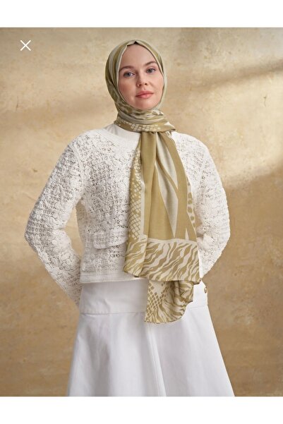 MODA Minel Scarf Pure Series Patterned Silk-Like Oil Green Jacquard Shawl.