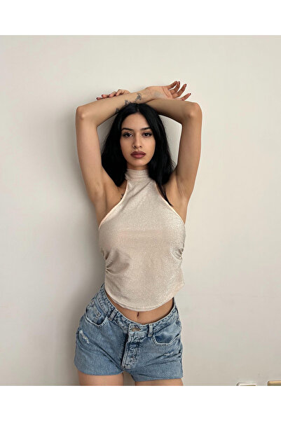 BIGPARTYWEAR Şampanya Işıltısı – Saten Halter Bustier