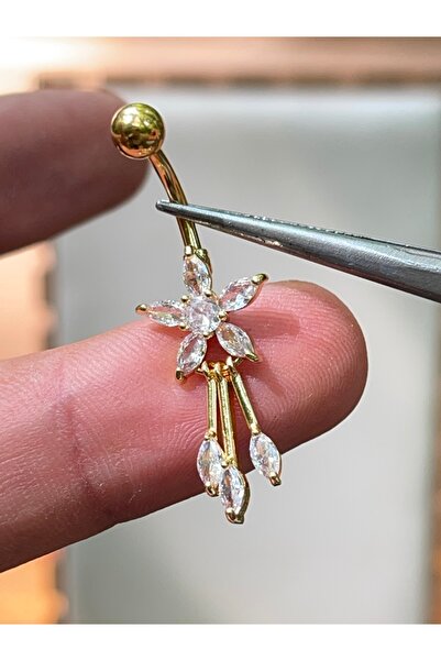 Rupen Kraft 316 L Cerrahi Çelik Markiz Kesim Taşlı Parlak Sallantılı Tasarım Göbek Percingi