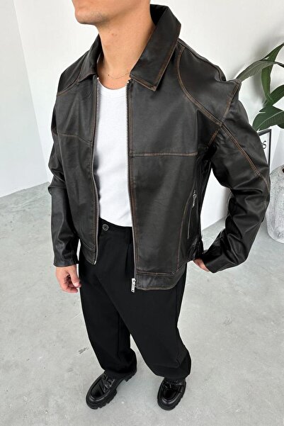 HAFKAGİYİM Δερμάτινο μπουφάν με vintage σχέδιο και αντίκες λεπτομέρειες