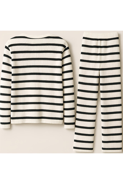 CLAYES Women's Black and White Striped V-Neck Ribbed Knit Bottom-Top Set