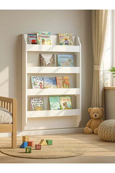 dorpek Drama Çocuk Odası Montessori Kitaplık - Eğitici Çocuk Kitap Rafı, Şık Beyaz Raf