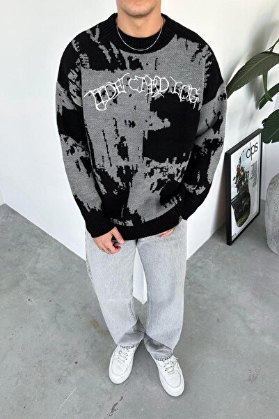 HAFKA Pulover tricotat supradimensionat cu detaliu de broderie neagră