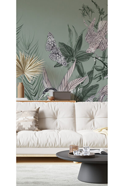 Tasarım Pastel Yeşil Tropikal Orman Duvar Kağıdı Poster | Kuş Kelebek Desenli Modern Salon Yatak Odası