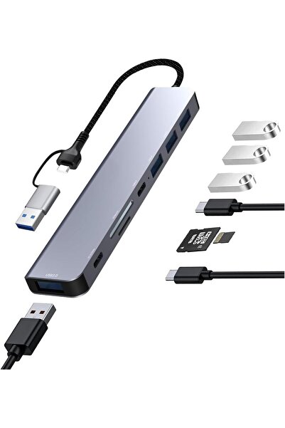 HASTHIP 8-in-1 USB C Hub for MacBook/PC - 100W PD, USB 3.0/2.0, SD/TF Card Reader, 20cm Cable