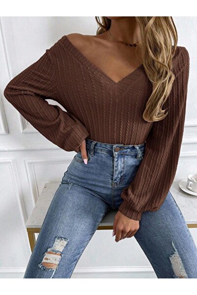 meren like your style καφέ μπλούζα με λαιμόκοψη σε σχήμα V και ανοιχτή πλάτη Alaçatı