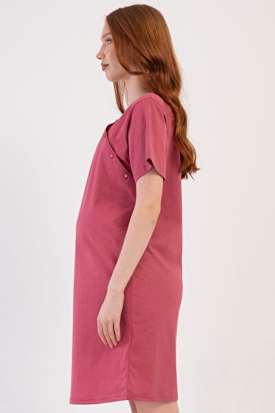 VİENETTA Women's Short Sleeve Breastfeeding-Friendly Burgundy Color Maternity Tunic C2T3N1014