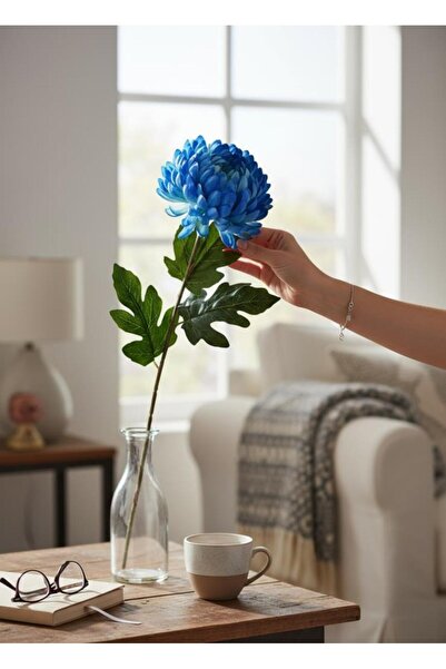 Nettenevime Yapay Çiçek Krizantem Mavi 90cm Tek Dal Kumaş Çiçek Uzun Dal